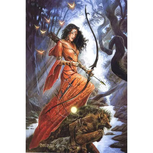 Femme in red with bow and arrow in a fantasy forest setting