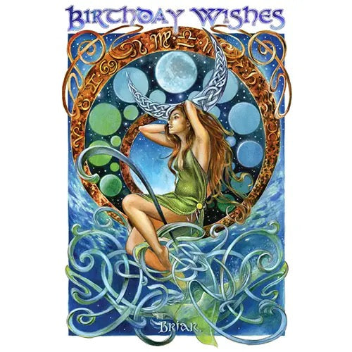 Greeting card with a stylized illustration of a woman, decorative elements, and 'Birthday Wishes' text.