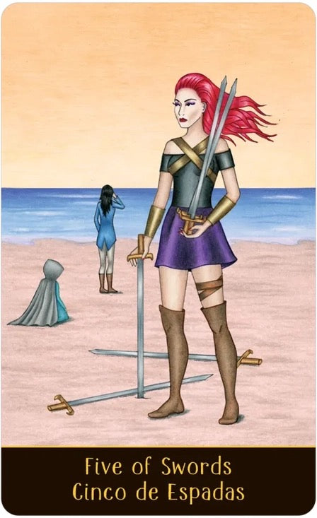 Tarot card featuring a warrior with red hair holding swords in a desert landscape.