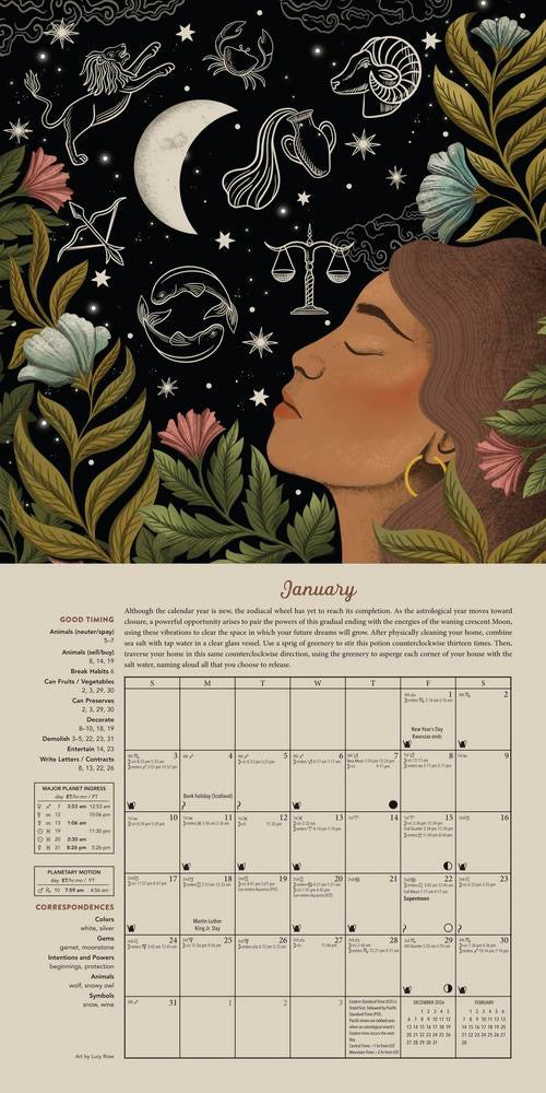 Calendar with astrological symbols, flowers, and a woman's face on a dark background.