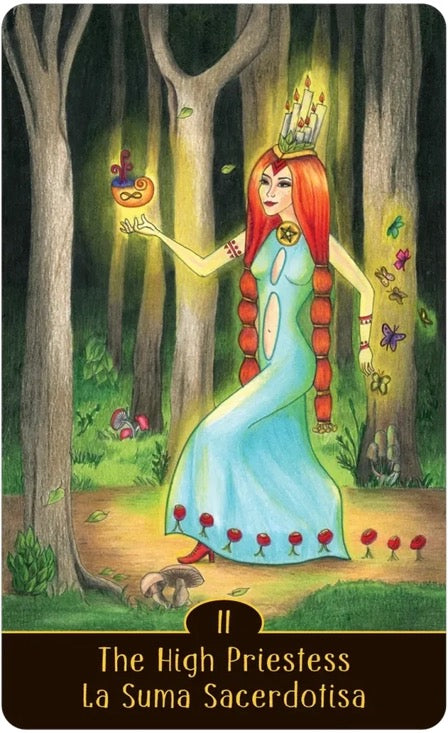 Tarot card featuring 'The High Priestess' with a woman in a forest setting.
