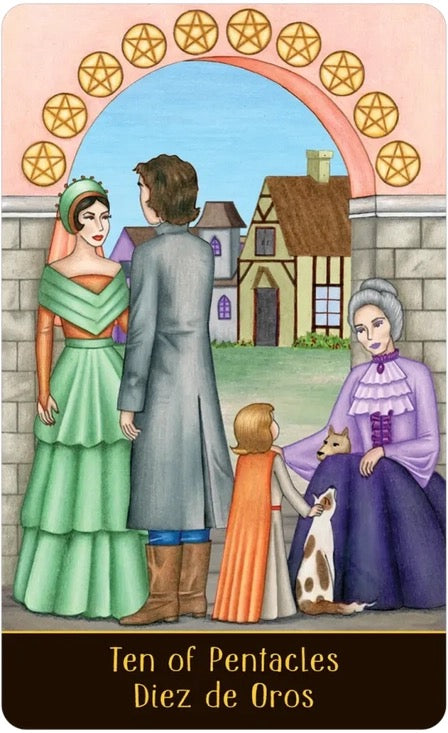 Card from a tarot deck featuring a family scene with a pentacle symbol above.