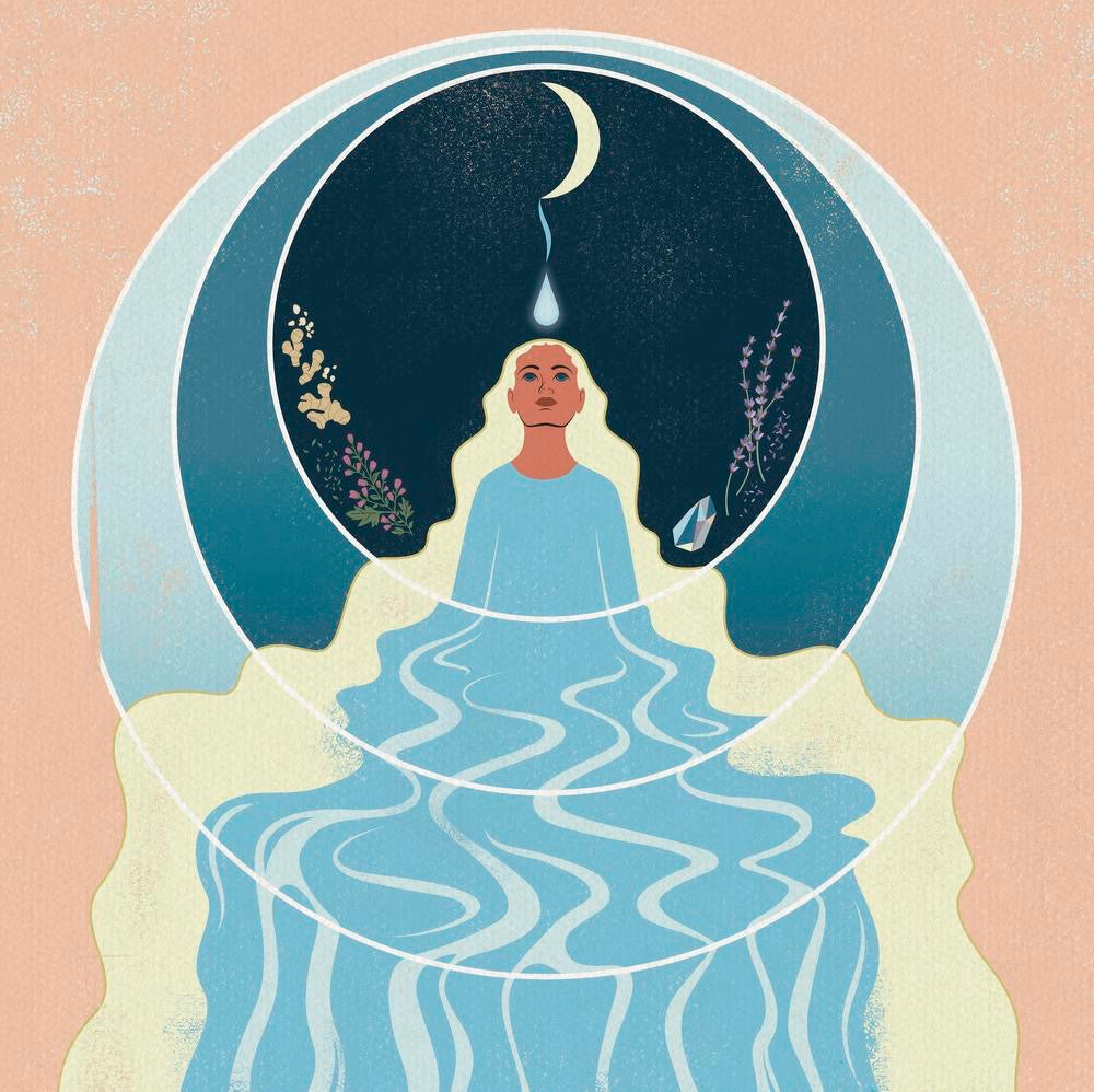 Illustration of a person in a flowing blue dress with a moon and nature elements in the background.