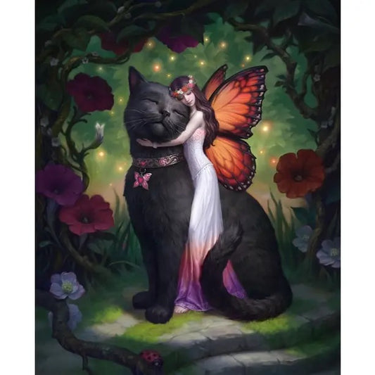 Cat with butterfly wings and fairy in a fantasy garden setting