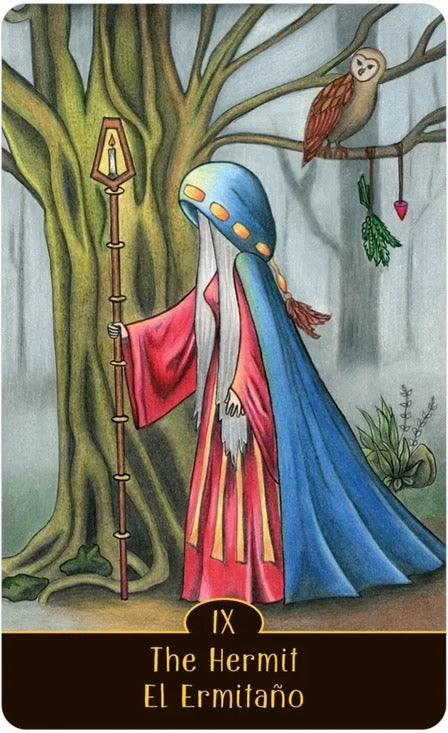 Tarot card featuring 'The Hermit' with a figure in a blue and red robe, an owl, and a tree.