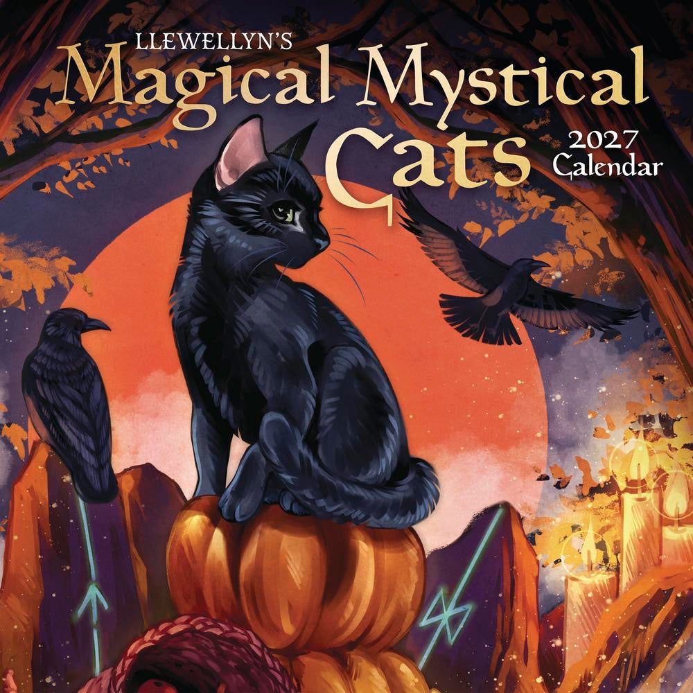 Llewellyn's Magical Mystical Cats 2027 Calendar cover featuring a black cat sitting on stacked pumpkins in front of a large orange moon, with crows, autumn leaves, and candles in the background.