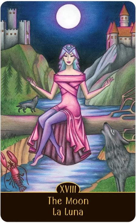 Card featuring a woman in a pink dress with a wolf and castle in the background, titled 'The Moon'.
