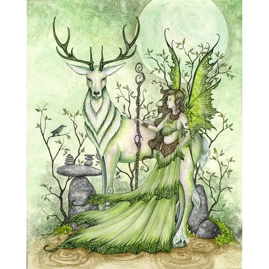 Fantasy illustration of a fairy and a deer in a forest setting