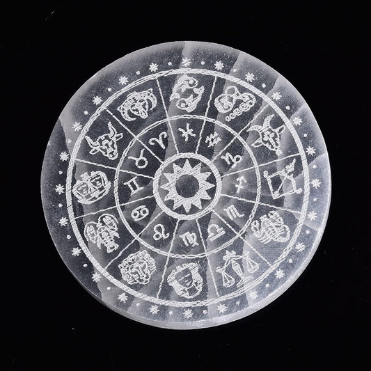 Transparent round sticker with zodiac symbols on a black background