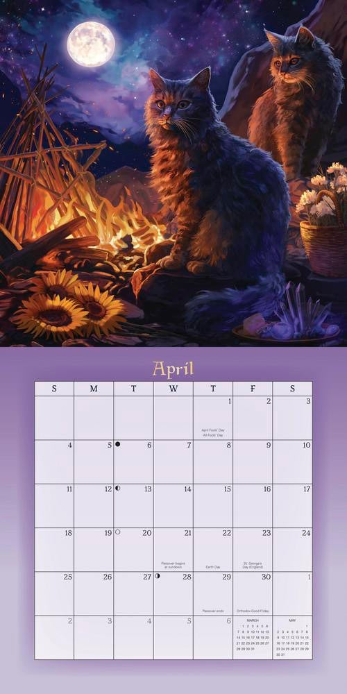 Calendar with cats under a moonlit sky and a purple background