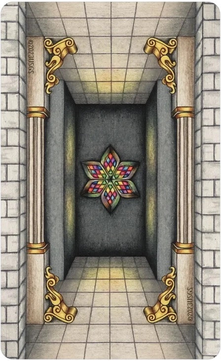 Decorative card with a colorful flower design in the center of a stone corridor.