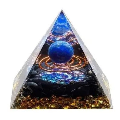 Triangular pyramid with a futuristic design featuring blue spheres and circular patterns.
