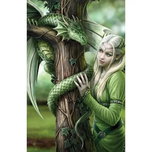 Elf and green dragon embracing a tree in a fantasy setting