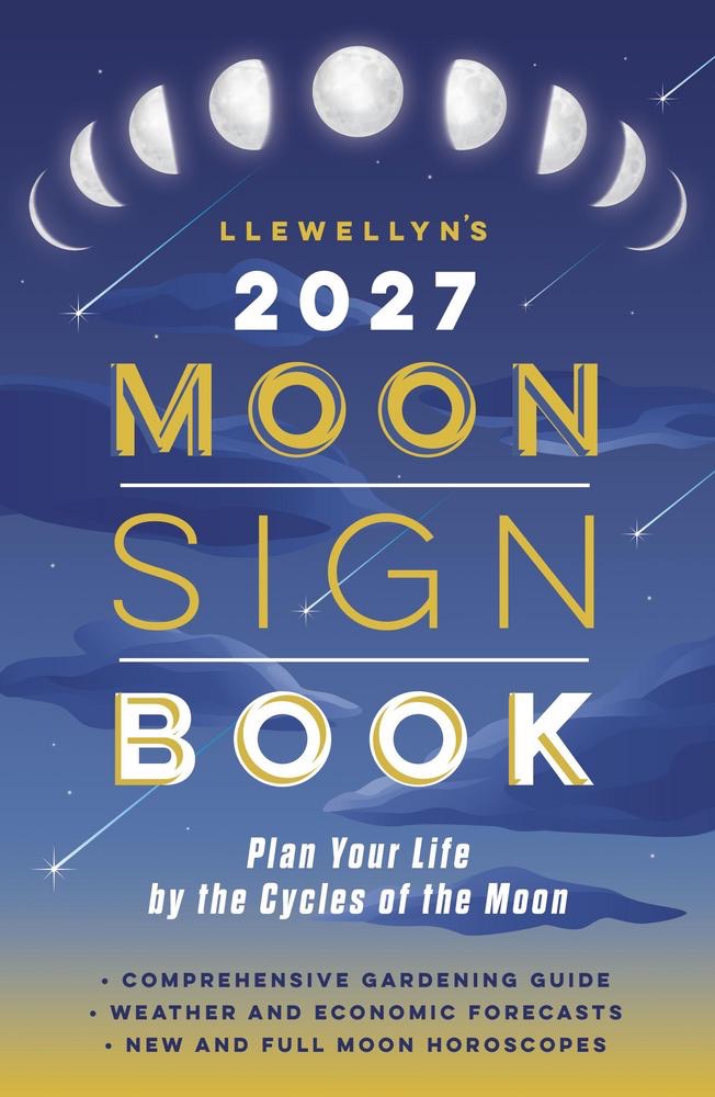 Cover of Llewellyn's 2027 Moon Sign Book with moon phases and blue background