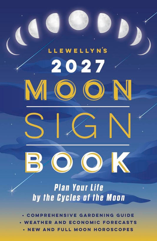 Cover of Llewellyn's 2027 Moon Sign Book with moon phases and blue background