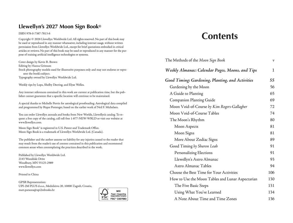 The back cover of Lewellyn's 2027 Moon Sign Book, showing the title, copyright details, publisher information, and a detailed table of contents on a white background.