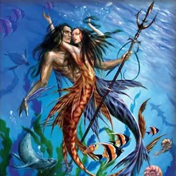 Mermaid with a trident surrounded by fish in an underwater scene