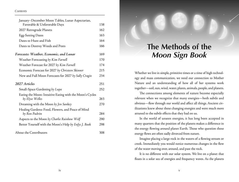 An open book spread showing the table of contents on the left page and the title page for 'The Methods of the Moon Sign Book' on the right page. The right page has a dark gray background with a large moon illustration and black text.