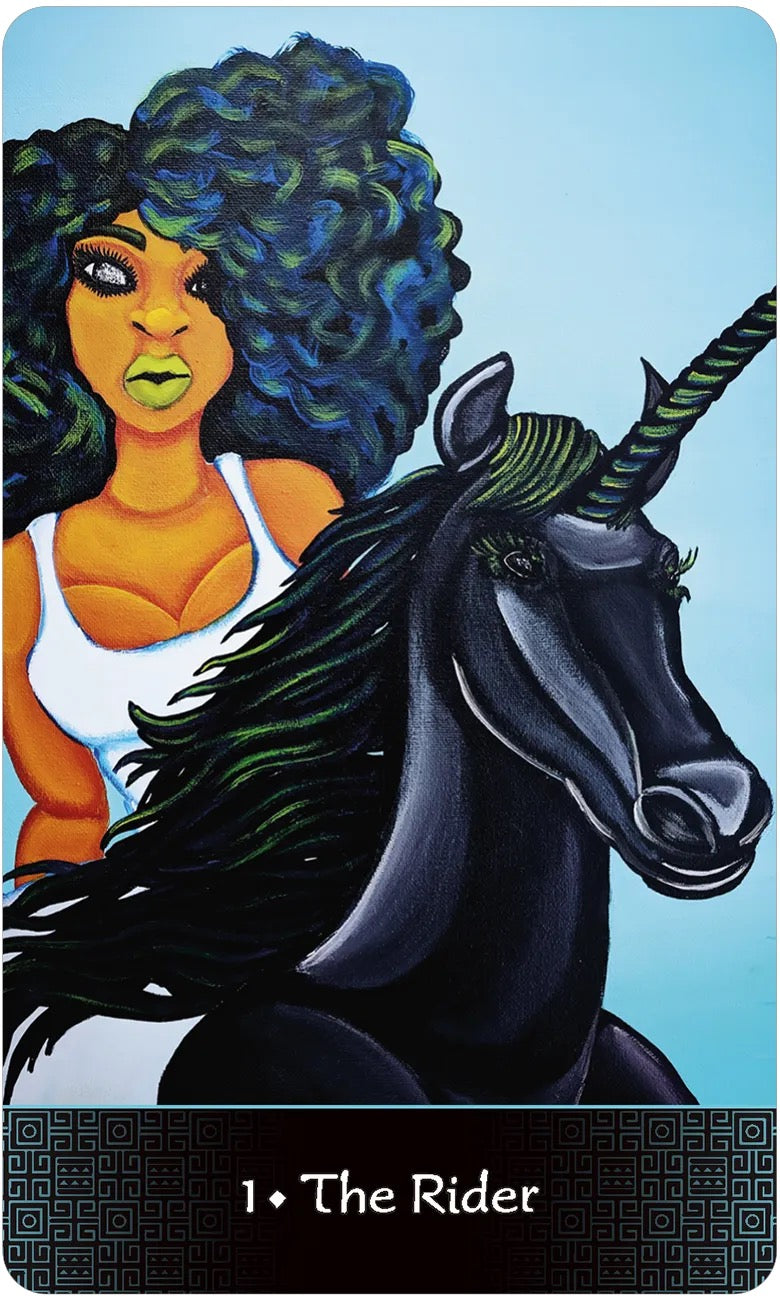 Card featuring a woman with a large afro and a black unicorn, labeled 'The Rider'.