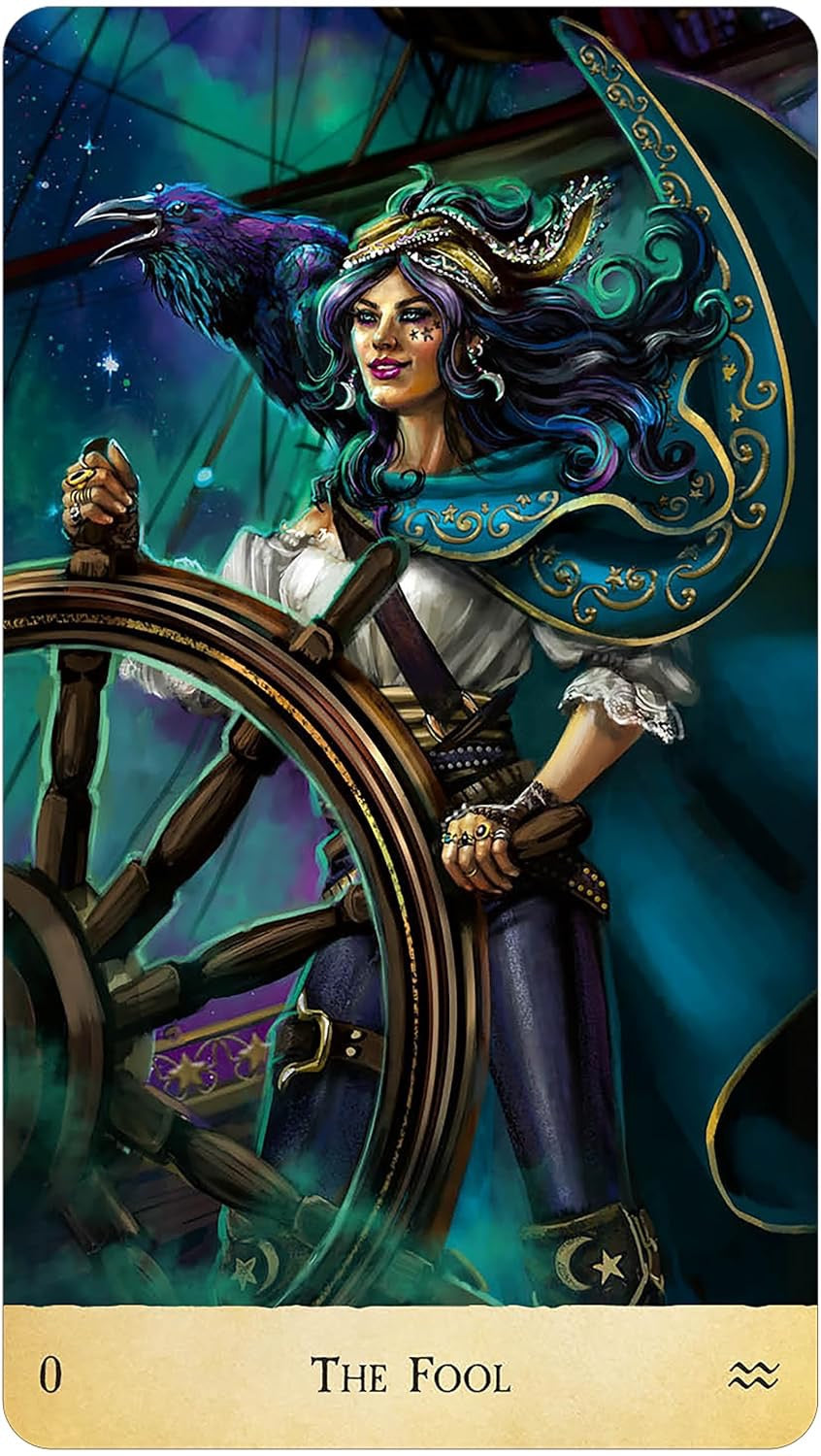 Card featuring a character with a raven and steering wheel, labeled 'The Fool'.