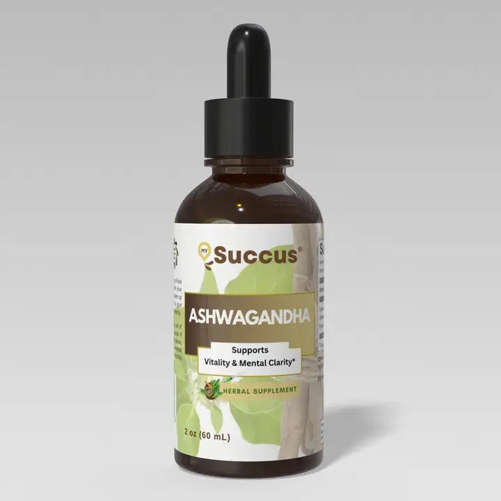A 2 oz amber glass dropper bottle of Succus Ashwagandha herbal supplement, featuring a black dropper cap and a white and green label, set against a neutral gray background.