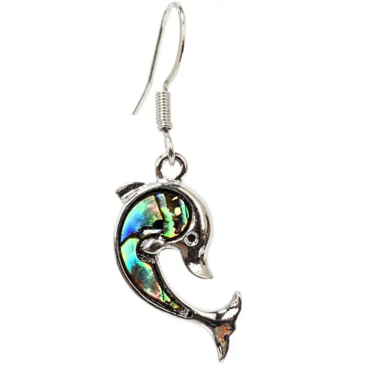 Dolphin-shaped earring with colorful paua shell inlay on a white background