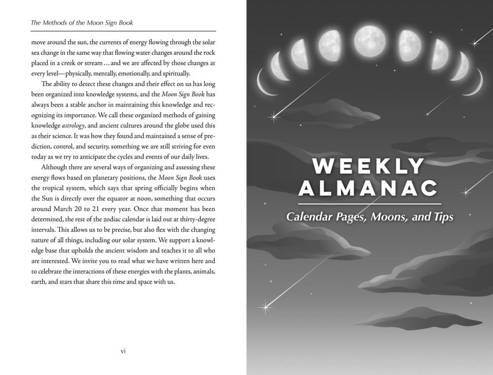 An open book spread showing a weekly almanen page with black text on white paper, featuring celestial illustrations of the moon and stars.