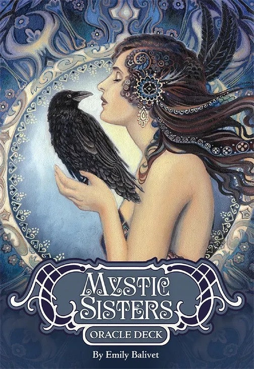 Cover of 'Mystic Sisters Oracle Deck' featuring a woman with a crow and intricate design.