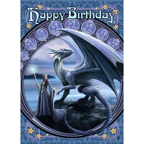 Birthday card with a dragon and a woman holding a sword against a blue background