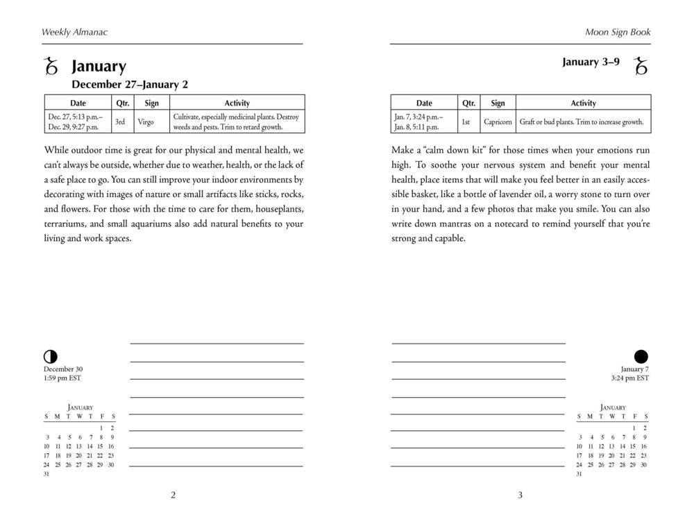 A two-page spread of a 'Weekly Almanac Moon Sign Book' showing sample entries for January, including date ranges, moon phases, activities, and lined writing sections for dates and moon signs.