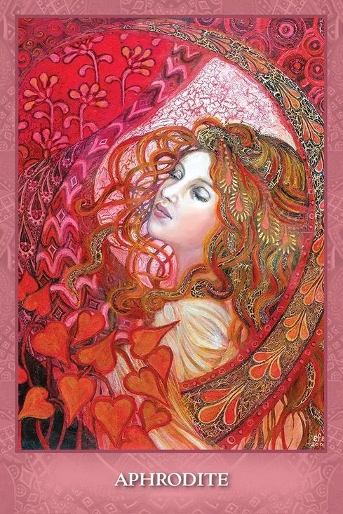 Illustration of a woman with long hair and decorative headscarf on a red background, labeled 'Aphrodite'.