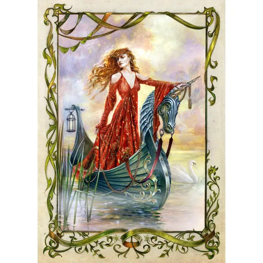 Woman in a red dress steering a gondola with decorative elements and a swan in the background.