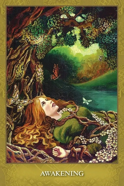 Artistic depiction of a woman lying in a forest with 'Awakening' text at the bottom.