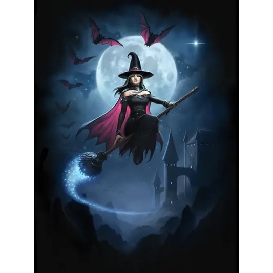 Witch flying on a broomstick against a dark background with a full moon and bats.