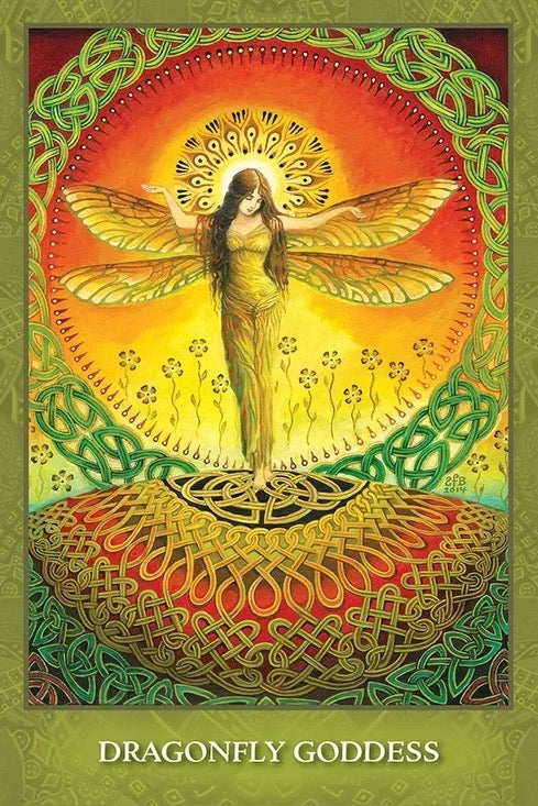 Artistic depiction of a dragonfly goddess with intricate designs and vibrant colors.