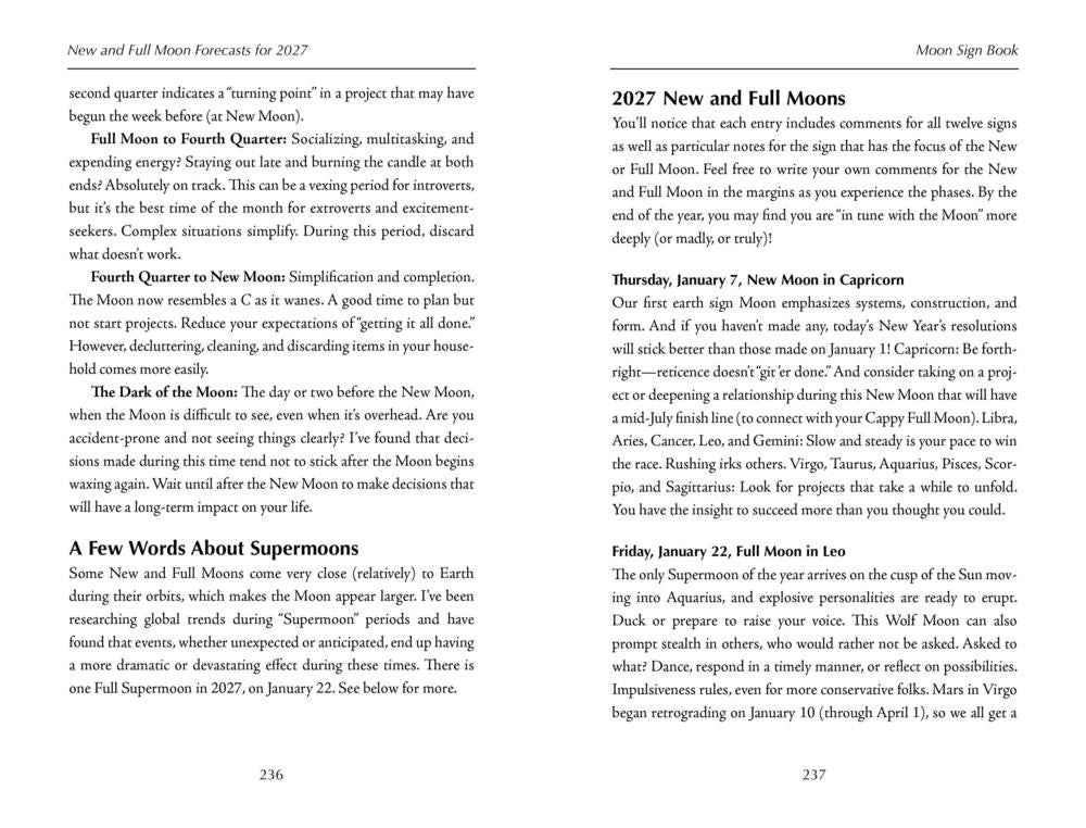 A printed page from a book or booklet titled 'New and Full Moon Forecast for 2027' with black text on a white page, showing sections about moon phases and dates from January 1 to July 22.
