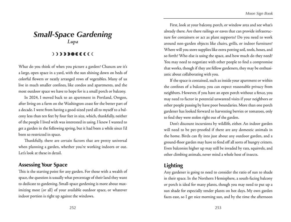 A two-page spread of a book or magazine titled Small-Space Gardening by Moon Sign Book, featuring black-and-white text and diagrams on a white background.