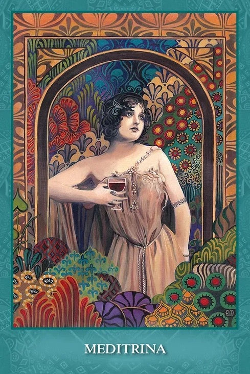 Artistic depiction of a woman holding a glass of wine with intricate decorative elements