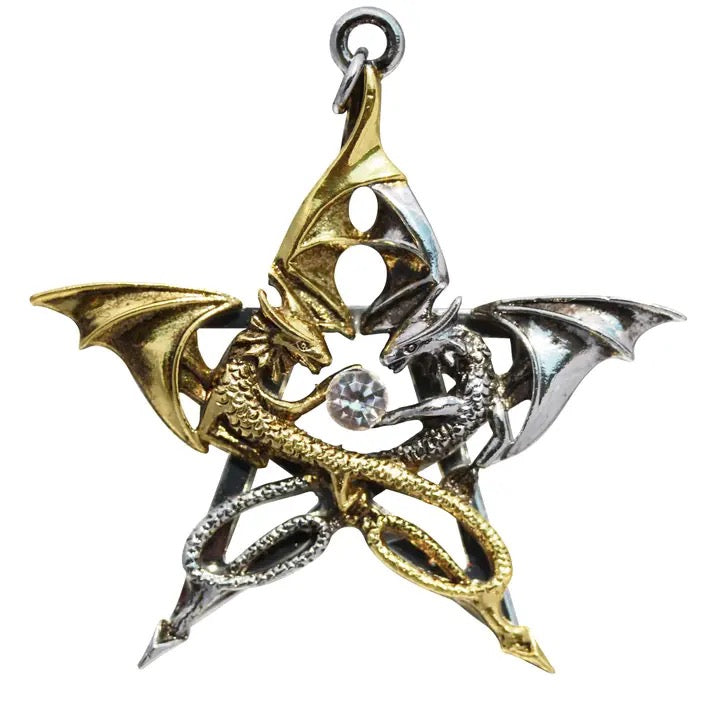 Gold and silver dragon pendant on a white background