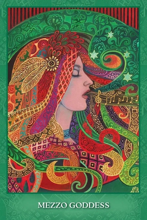 Colorful artwork of a woman with intricate patterns on a green background, titled 'Mezzo Goddess'.