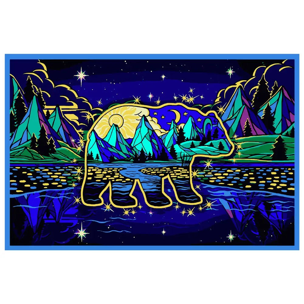 Colorful stylized landscape with mountains, trees, and a lake under a starry night sky.