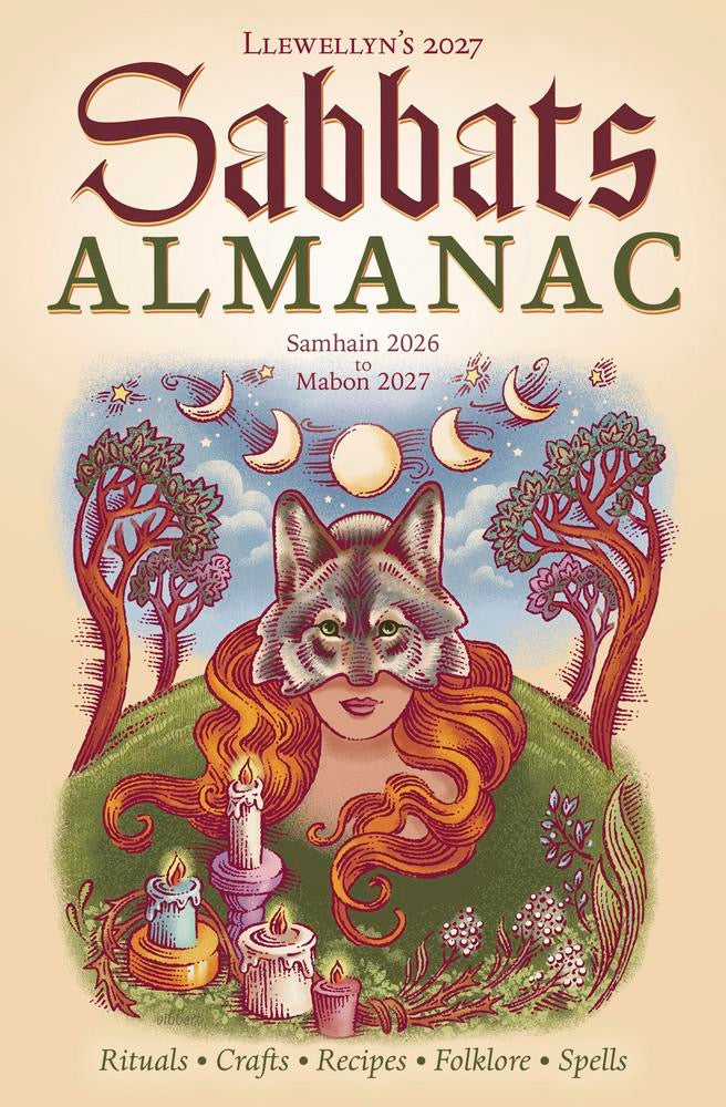 Cover of Llewellyn's 2027 Sabbats Almanac with a woman with a wolf head and candles on a beige background.