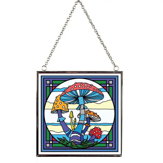 Stained glass panel with colorful mushrooms on a white background