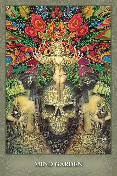 Colorful artwork with a central skull figure and decorative elements, titled 'Mind Garden'.