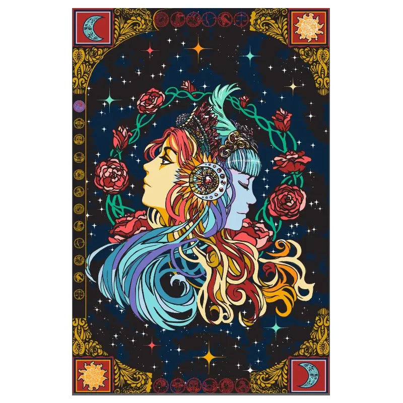 Colorful artwork of two faces intertwined with flowers against a starry night sky.