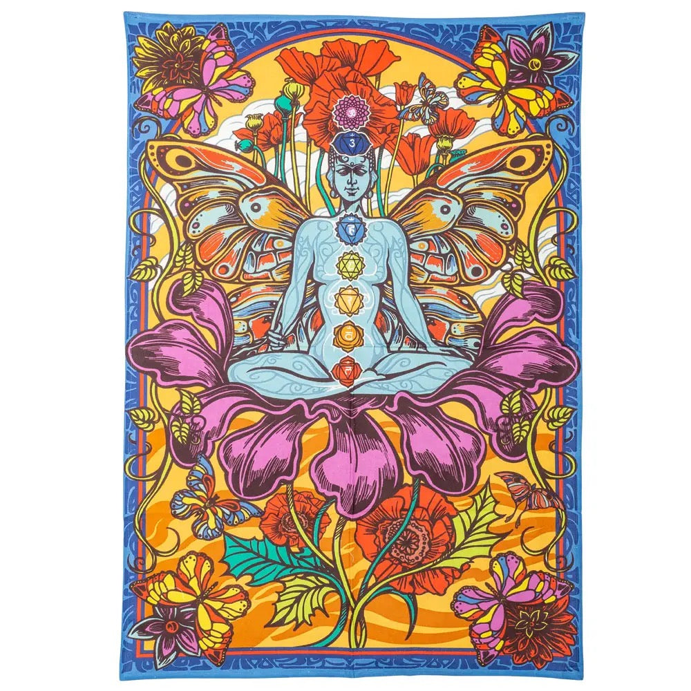 Colorful tapestry with a central figure surrounded by flowers and butterflies