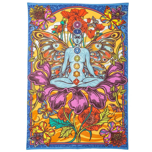Colorful tapestry with a central figure surrounded by flowers and butterflies