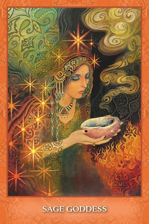 Artistic depiction of a woman holding a crystal ball with celestial elements and 'Sage Goddess' text.