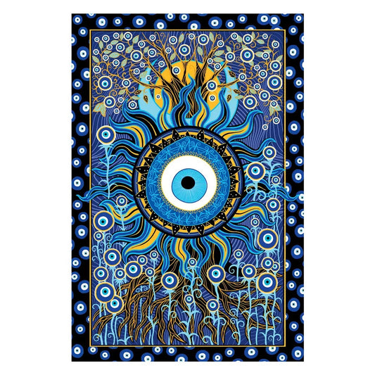 Colorful abstract design with a central eye-like symbol on a blue background