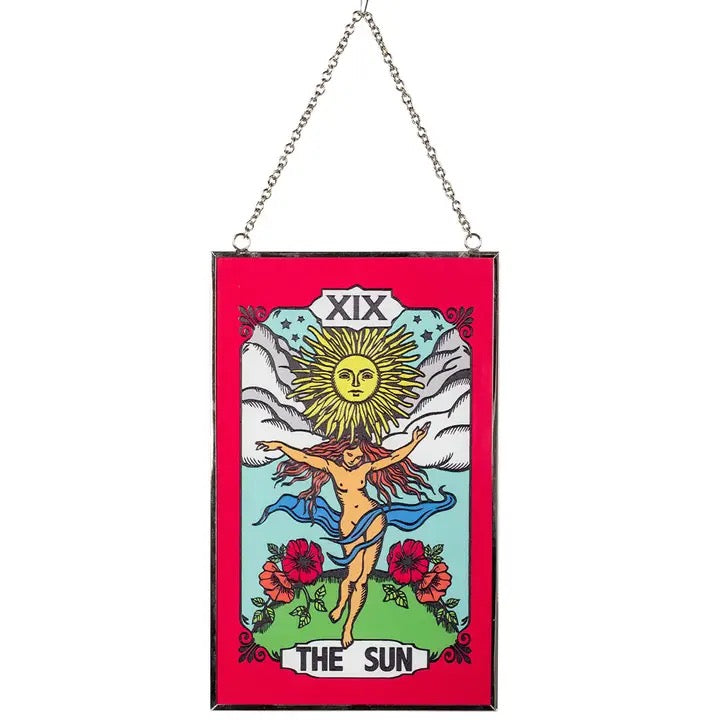 Framed tarot card titled 'The Sun' with a colorful design on a white background.
